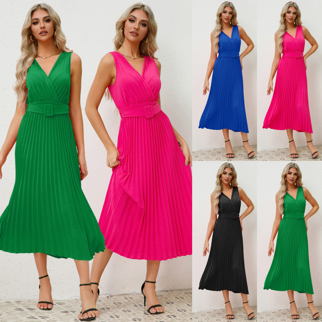 Europe and the United States cross-border women's new sexy slim-fit temperament V-neck pleated belt dress Amazon dress skirt