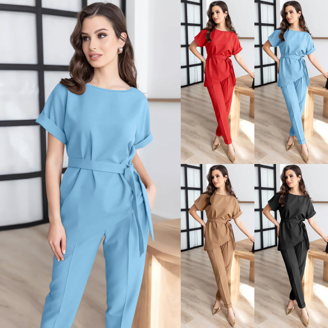 Europe and the United States women's round neck hypotenuse suit belt top set small feet trousers cross-border fashion casual long pants set