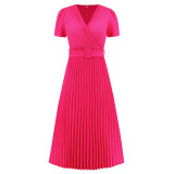 Europe and the United States foreign trade compression waist slimming temperament cross-border women's summer new V-neck dress long pleated skirt