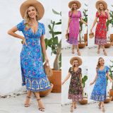 Sexy short-sleeved V-neck dress Boho Beach vintage floral skirt for women Summer Explosion
