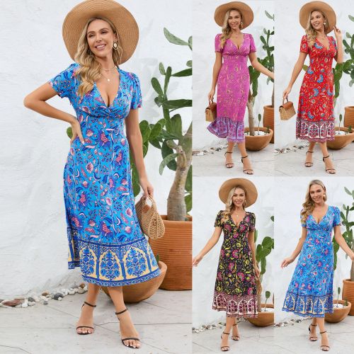 Sexy short-sleeved V-neck dress Boho Beach vintage floral skirt for women Summer Explosion