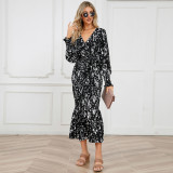 European and American women's dress Amazon new slim-fit temperament V-neck belt printed skirt long fishtail dress explosion
