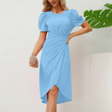 Professional dress Europe and the United States foreign trade Amazon summer new women's dress round neck bubble sleeve slim-fit temperament dress