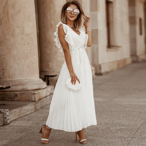Europe and the United States Amazon temperament beach long dress fashion slim sexy lotus sleeve chiffon pleated skirt solid color dress