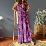 2025 spring and summer cross-border fashion women's dress Amazon new strap V-neck print elegant A swing dress