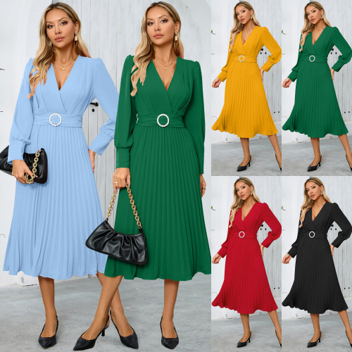 Europe and the United States women's new V-neck long-sleeved dress foreign trade fashion slimming temperament pleated A-line long dress