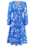 Han Yige European and American women's cross-border Amazon independent station 2025 slim-fit temperament printed waist long sleeve dress