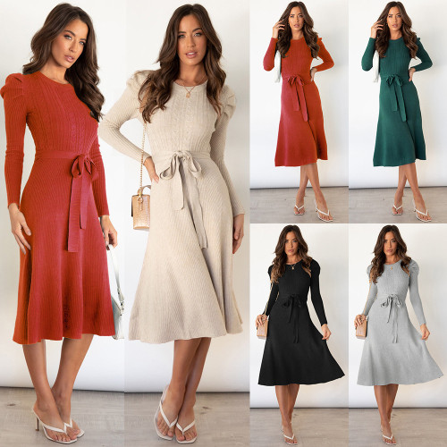 Autumn and winter new bubble long sleeve knitted skirt in the long temperament thin high waist swing dress bottom sweater dress