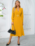 Europe and the United States women's new V-neck long-sleeved dress foreign trade fashion slimming temperament pleated A-line long dress