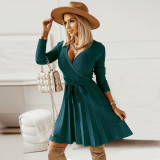 autumn and winter new sweater dress Europe and the United States foreign trade sexy V-neck pleated knitted short A-line dress Amazon