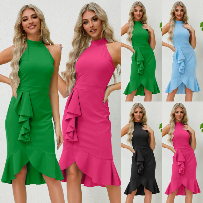 European and American women's clothing explosion Amazon cross-border sexy bag hip slim-fit standing collar sleeveless ruffled fishtail skirt dress
