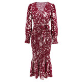 European and American women's dress Amazon new slim-fit temperament V-neck belt printed skirt long fishtail dress explosion