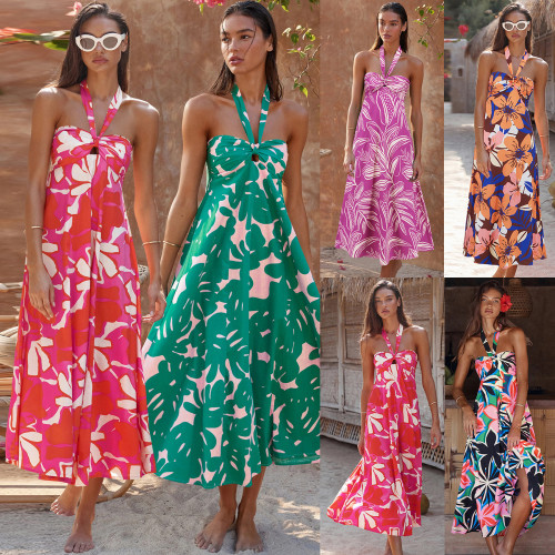 2025 summer dress sexy halter dress Bohemian printed long skirt women cross-border Europe and the United States Amazon
