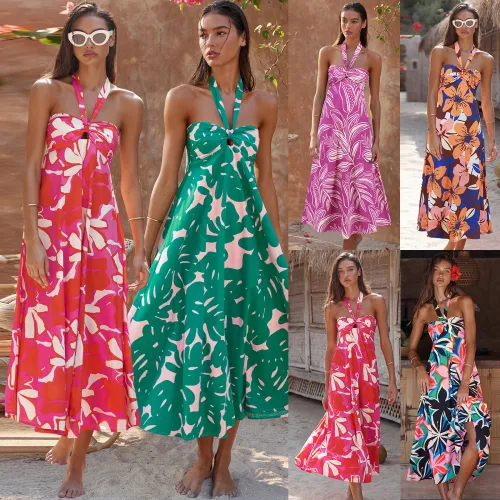 2025 summer dress sexy halter dress Bohemian printed long skirt women cross-border Europe and the United States Amazon