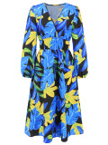 Han Yige European and American women's cross-border Amazon independent station 2025 slim-fit temperament printed waist long sleeve dress