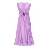 Europe and the United States Amazon temperament beach long dress fashion slim sexy lotus sleeve chiffon pleated skirt solid color dress