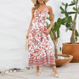 Sexy V-neck slim-fit temperament dress 2025 summer European and American women's floral dress vintage printed long skirt
