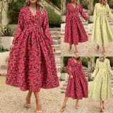 spring and summer new women's wear French V-neck long sleeve printed chiffon dress cross-border foreign trade burst wholesale