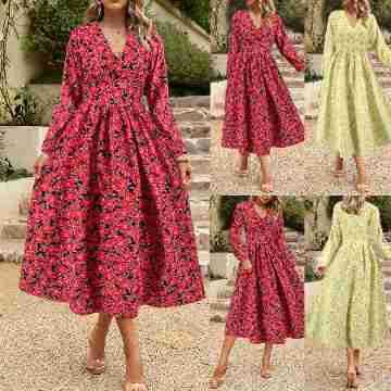 spring and summer new women's wear French V-neck long sleeve printed chiffon dress cross-border foreign trade burst wholesale