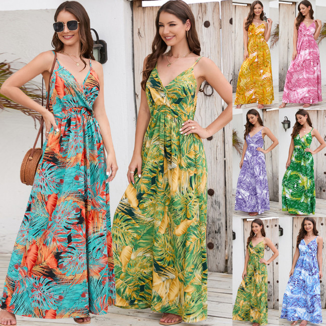 2025 Cross-border foreign trade women's new Bohemian print long dress Amazon sexy V-neck halters dress