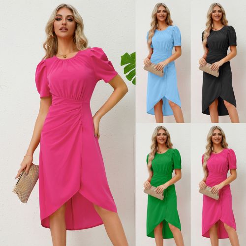 Professional dress Europe and the United States foreign trade Amazon summer new women's dress round neck bubble sleeve slim-fit temperament dress