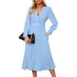 Europe and the United States women's new V-neck long-sleeved dress foreign trade fashion slimming temperament pleated A-line long dress