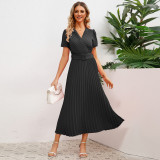 Europe and the United States foreign trade compression waist slimming temperament cross-border women's summer new V-neck dress long pleated skirt