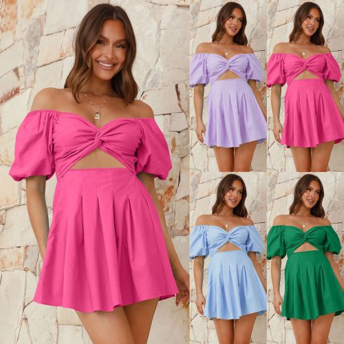 Cross-border sexy off-shoulder lantern sleeve pleated dress Europe and the United States foreign trade spring and summer women's new short A-line skirt