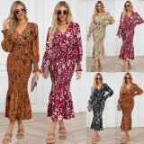 European and American women's dress Amazon new slim-fit temperament V-neck belt printed skirt long fishtail dress explosion