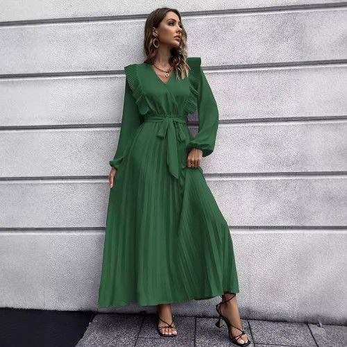 autumn and winter new women's clothing Amazon foreign trade temperament V-neck swing pleated dress Europe and the United States cross-border dress