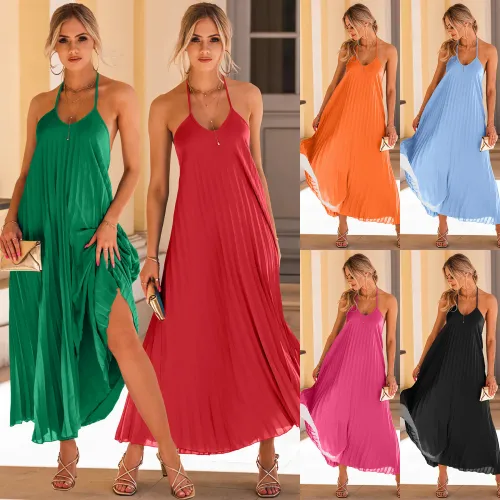 2025 Europe and the United States foreign trade cross-border women's dress Amazon burst A pleated dress beach holiday long skirt