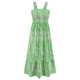 2025 Cross-border summer women's elegant print elastic strap skirt holiday style French floral halter long dress