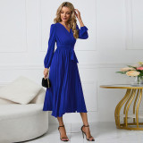 2025 Europe and the United States foreign trade women's new long-sleeved slim pleated belt V-neck dress cross-border Amazon A-line skirt
