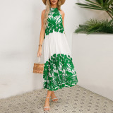 2025 Europe and the United States foreign trade cross-border women's stand collar sleeveless pleated printed skirt loose A long skirt burst dress