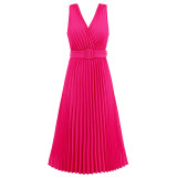 Europe and the United States cross-border women's new sexy slim-fit temperament V-neck pleated belt dress Amazon dress skirt