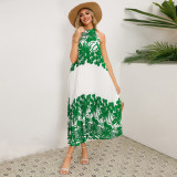 2025 Europe and the United States foreign trade cross-border women's stand collar sleeveless pleated printed skirt loose A long skirt burst dress