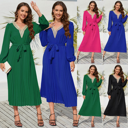 winter women's new fashion slim temperament V-neck lace pleated dress in the long A-line skirt Amazon explosion