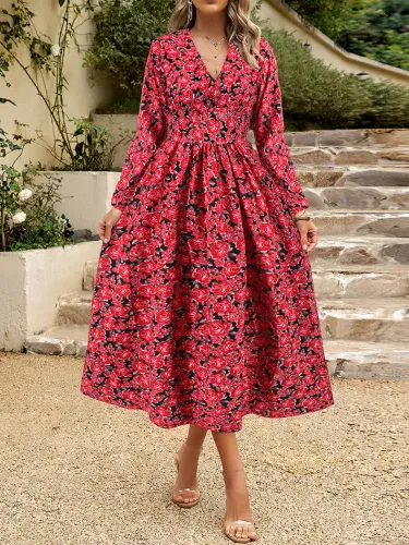 spring and summer new women's wear French V-neck long sleeve printed chiffon dress cross-border foreign trade burst wholesale