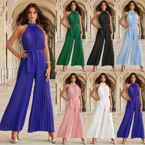 Sexy halter-neck sleeveless pleated one-piece pants 2025 summer female foreign trade new lace-up slim pleated wide-leg pants