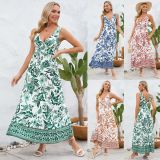 Sexy V-neck slim-fit temperament dress 2025 summer European and American women's floral dress vintage printed long skirt