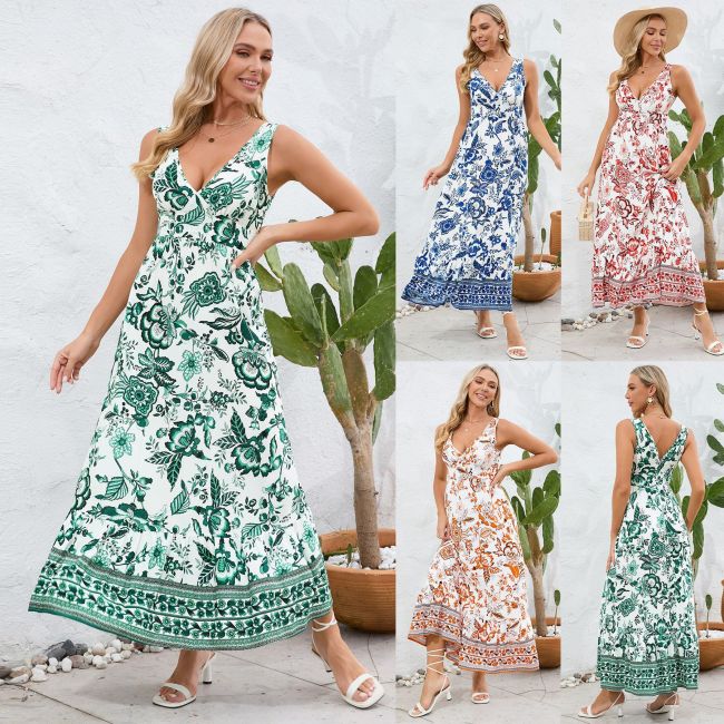 Sexy V-neck slim-fit temperament dress 2025 summer European and American women's floral dress vintage printed long skirt