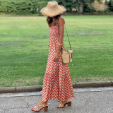 2025 Cross-border summer women's elegant print elastic strap skirt holiday style French floral halter long dress
