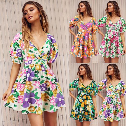 Cross-border Europe and the United States women's 2025 summer new V-neck printed beach skirt lantern sleeve short dress exploded