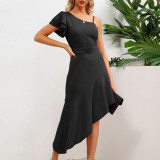 and the United States diagonal shoulder high waist irregular hem dress 2025 summer cross-border women's explosive lotus halter skirt