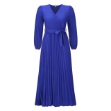 2025 autumn and winter foreign trade women's new V-neck long sleeve pleated A-line skirt Europe and the United States cross-border Amazon mid-length dress