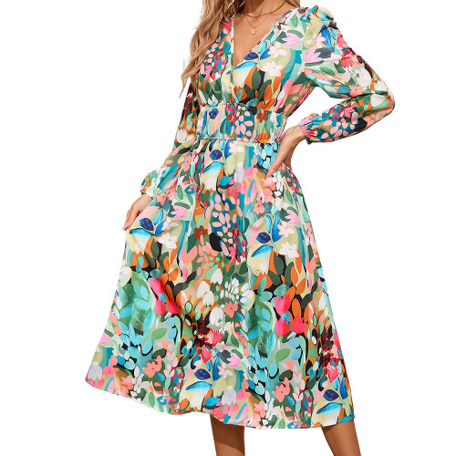 Han Yige European and American women's cross-border Amazon independent station 2025 slim-fit temperament printed waist long sleeve dress