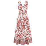 Sexy V-neck slim-fit temperament dress 2025 summer European and American women's floral dress vintage printed long skirt