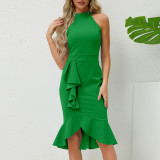 European and American women's clothing explosion Amazon cross-border sexy bag hip slim-fit standing collar sleeveless ruffled fishtail skirt dress