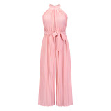 Sexy halter-neck sleeveless pleated one-piece pants 2025 summer female foreign trade new lace-up slim pleated wide-leg pants