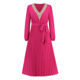 winter women's new fashion slim temperament V-neck lace pleated dress in the long A-line skirt Amazon explosion
